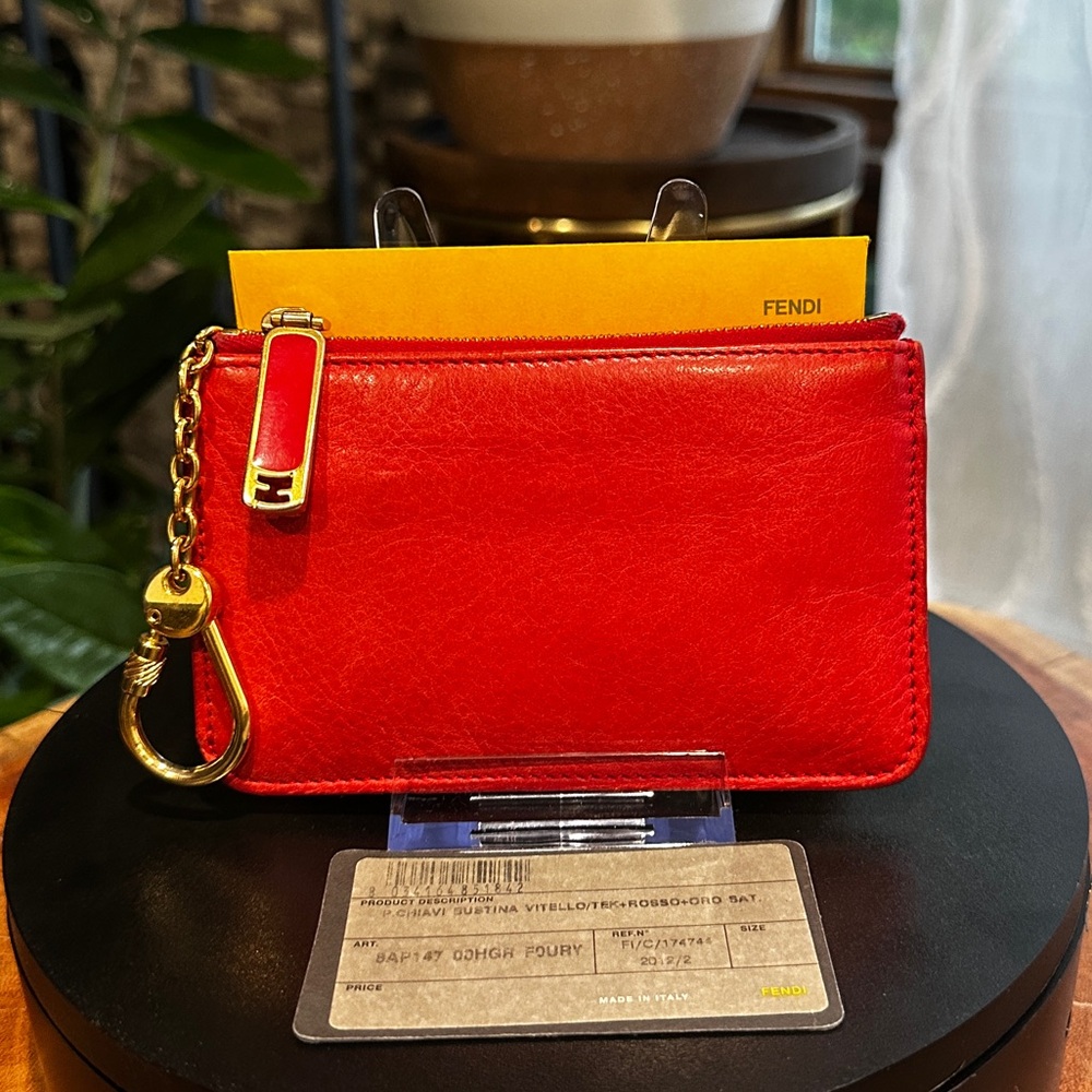 Fendi Red Leather Zip Card Case Key Pouch Gold Hardware Vintage with Fendi Card